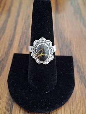 Ring Black Jack Natural Stone Sterling Silver Frame Band Adjustable Fits 7-8-9